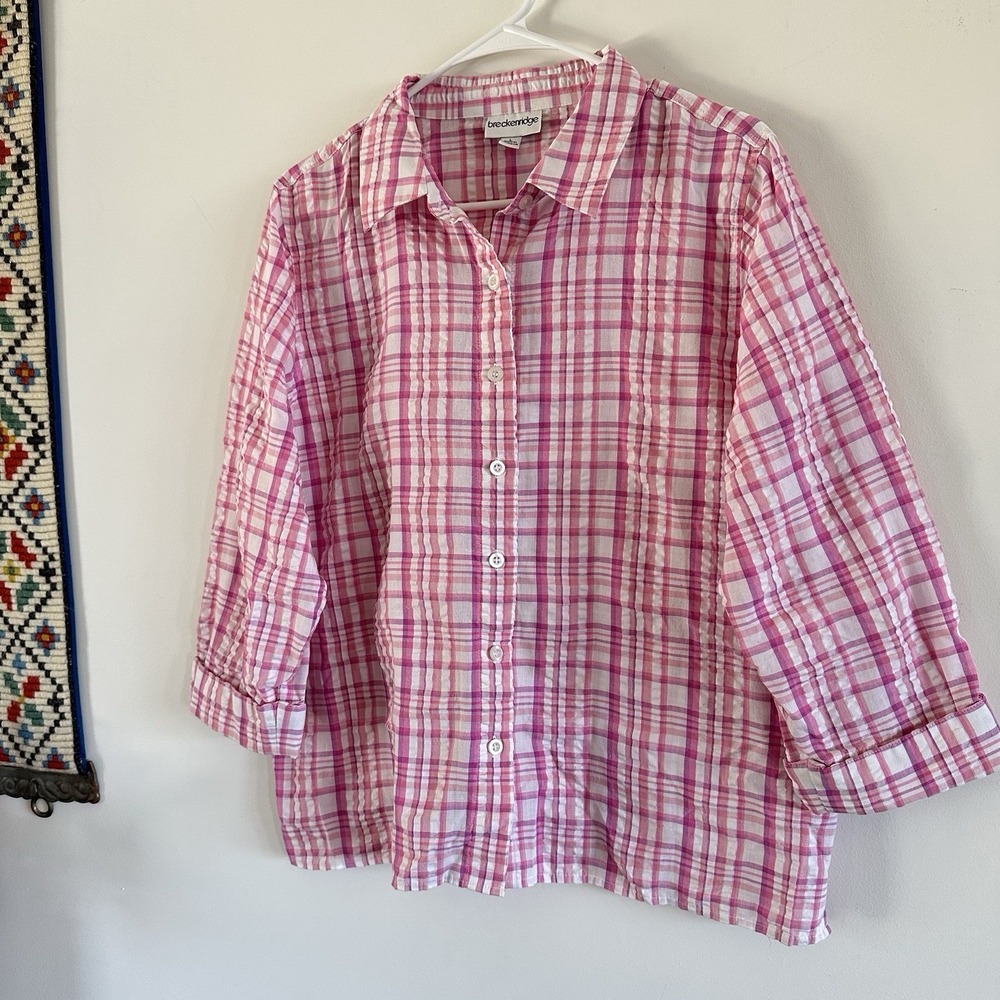 Women's Breckenridge 3/4 Sleeve Plaid Pink White Button Up Top Blouse Spring Lg